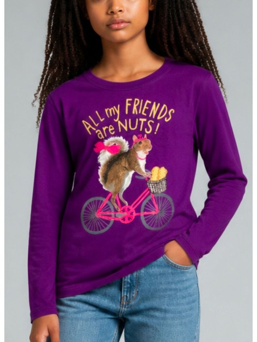 Hanes Girls Purple Long Sleeve Graphic Tee "All My Friends Are Nuts!" Squirrel P